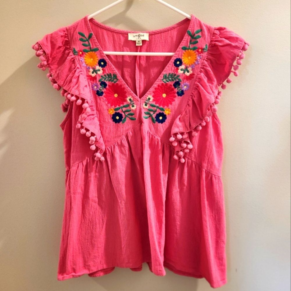 Umgee Pink Boho Festival Embroidered Blouse V Neck Fringe Flutter Top SZ Medium